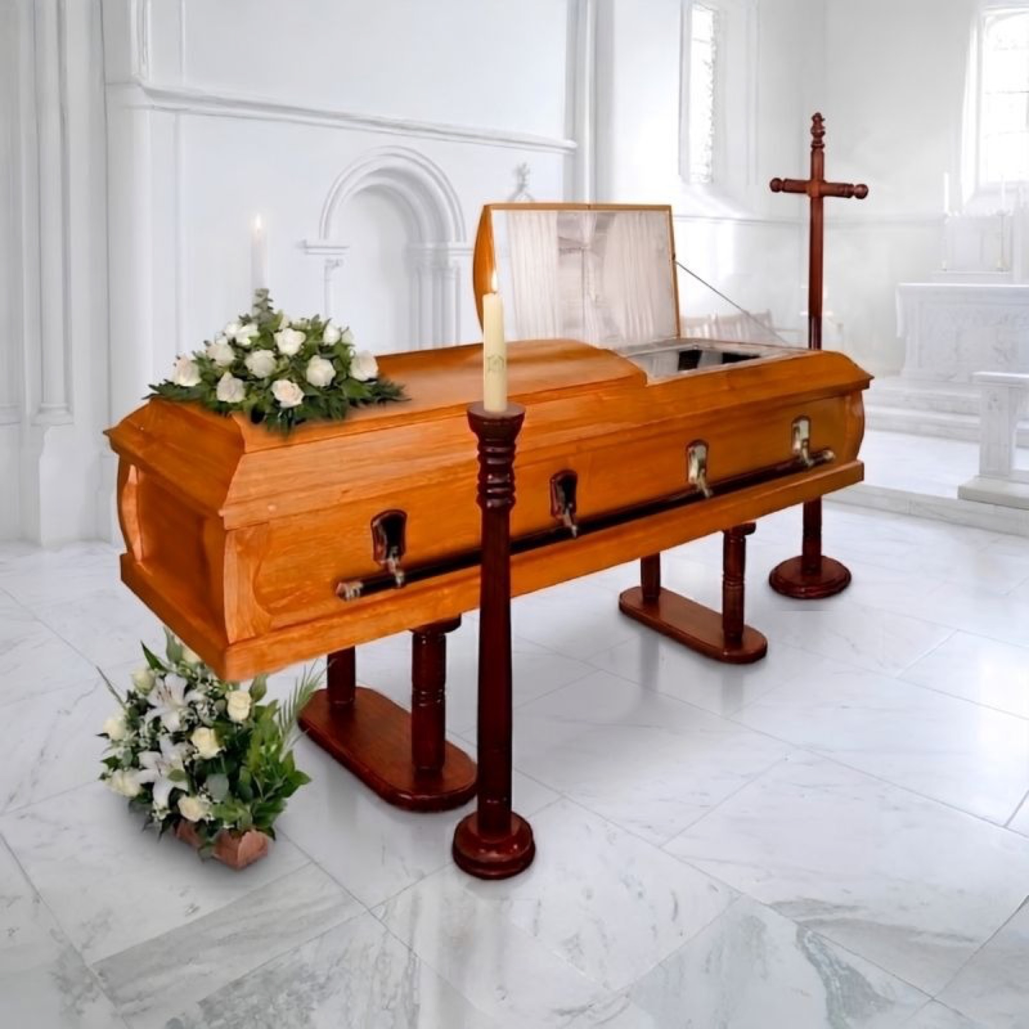 Urna Mackelita mixta en capilla blanca, con cubre floral